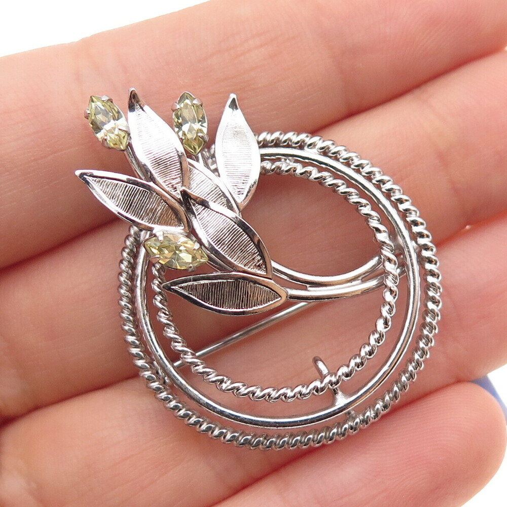 CARL ART Sterling Silver Antique Art Deco Canary Rhinestone Floral Pin Brooch